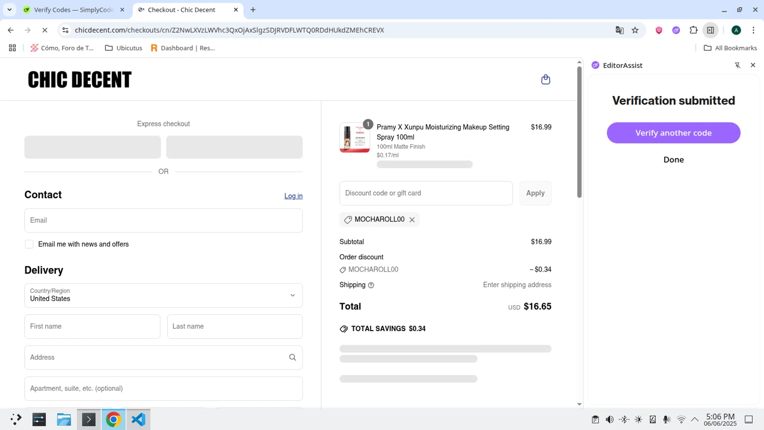 Chic Decent promo code screenshot showing code MOCHAROLL00 applied at Chic Decent checkout page. Uploaded by SimplyCodes community member admeneses on Jun 6, 2025