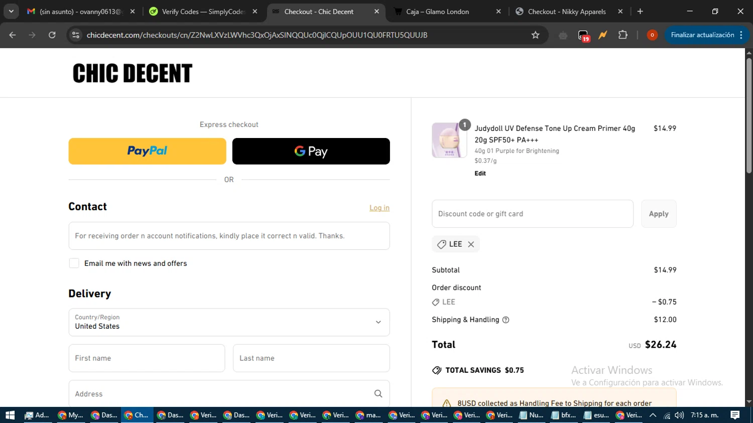 Chic Decent promo code screenshot showing code LEE applied at Chic Decent checkout page. Uploaded by SimplyCodes community member WiseTracker2171 on Apr 25, 2025