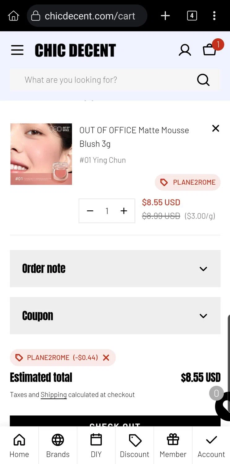 Chic Decent promo code screenshot showing code PLANE2ROME applied at Chic Decent checkout page. Uploaded by SimplyCodes community member Carloslvz on Nov 13, 2025