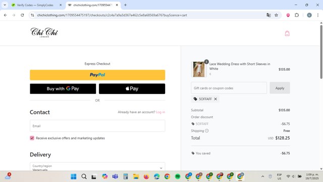 Chi Chi London checkout page showing Chi Chi London promo code box | Screenshot taken by SimplyCodes community member on Jul 19, 2025