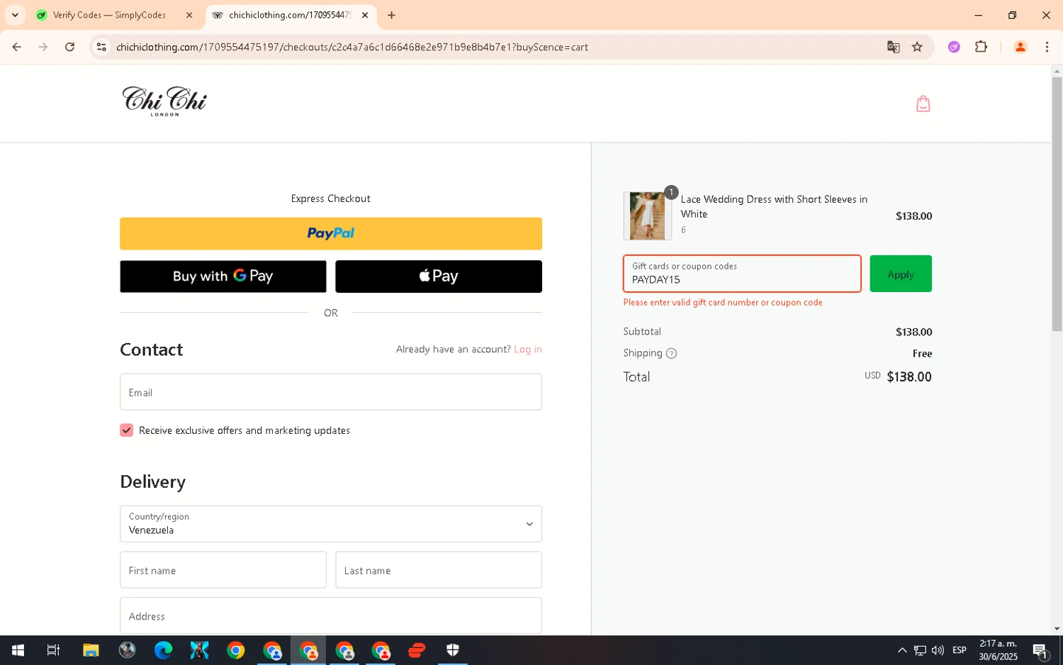 Chi Chi London promo code screenshot showing code PAYDAY15 applied at Chi Chi London checkout page. Uploaded by SimplyCodes community member GloriousSpotter8024 on Jun 30, 2025
