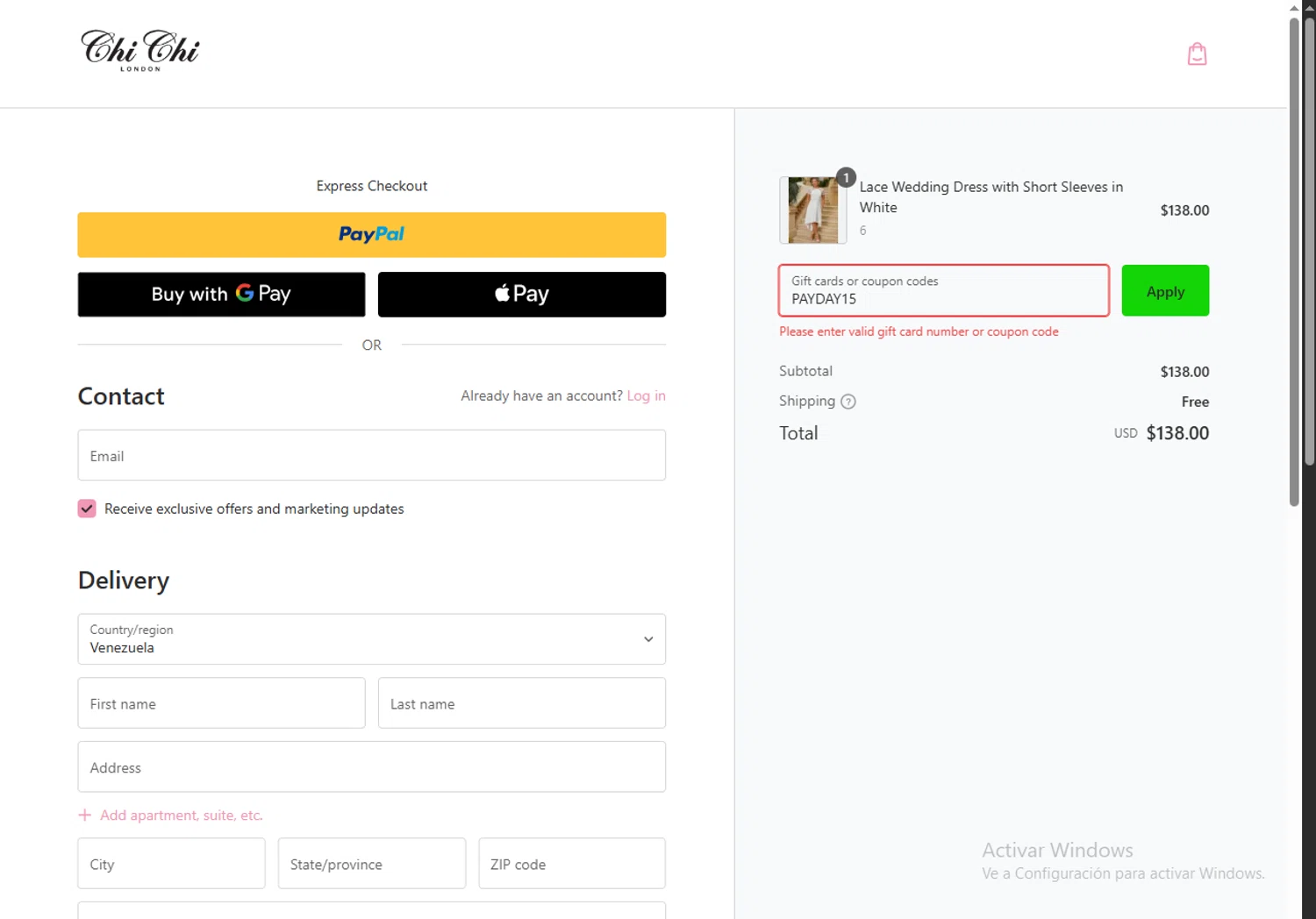 Chi Chi London promo code screenshot showing code PAYDAY15 applied at Chi Chi London checkout page. Uploaded by SimplyCodes community member VoucherRanger9105 on Jun 30, 2025