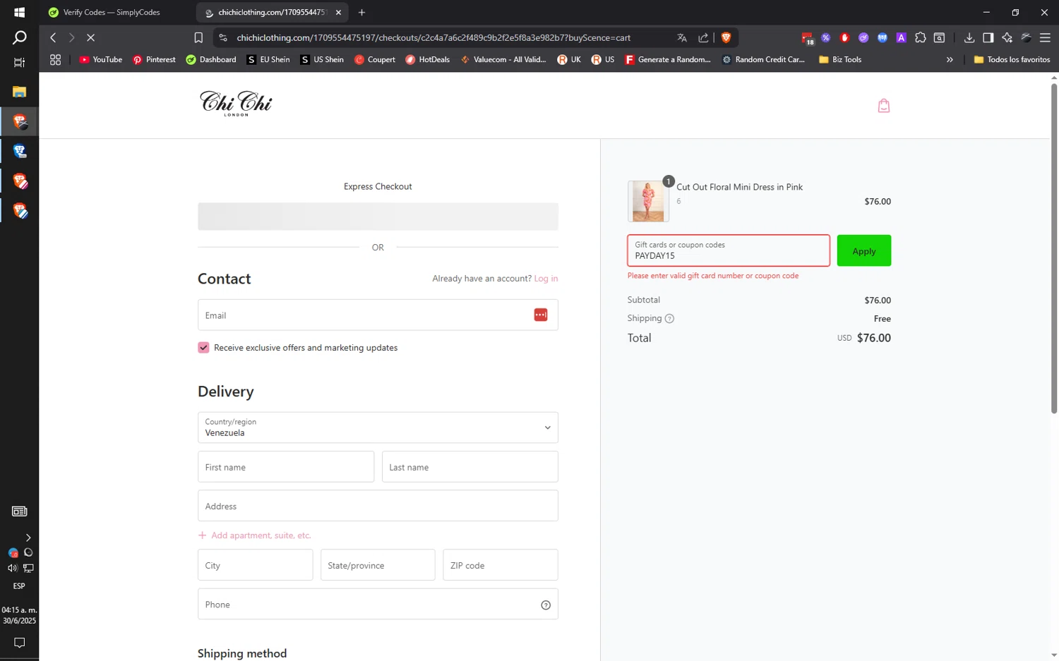 Chi Chi London promo code screenshot showing code PAYDAY15 applied at Chi Chi London checkout page. Uploaded by SimplyCodes community member ilaMiguel on Jun 30, 2025