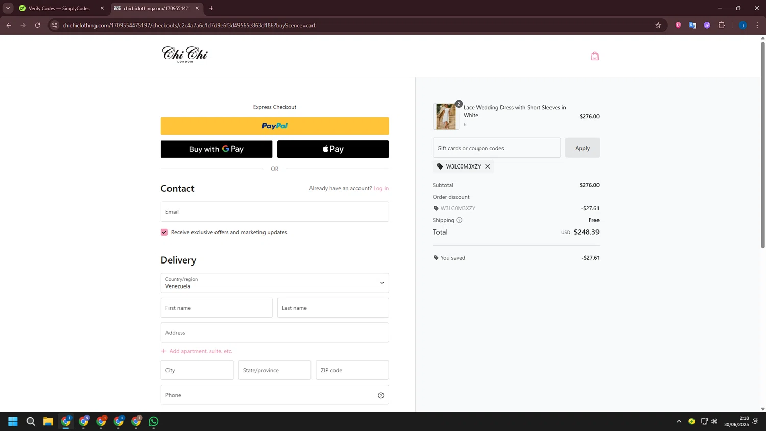 Chi Chi London promo code screenshot showing code W3LC0M3XZY applied at Chi Chi London checkout page. Uploaded by SimplyCodes community member CashLegend3767 on Jun 30, 2025