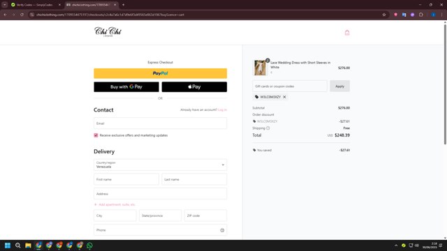 Chi Chi London checkout page showing Chi Chi London promo code box | Screenshot taken by SimplyCodes community member on Jun 30, 2025