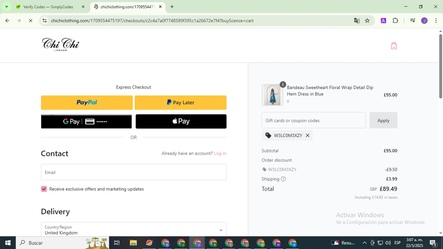 Chi Chi London promo code screenshot showing code W3LC0M3XZY applied at Chi Chi London checkout page. Uploaded by SimplyCodes community member PromoHunter9043 on May 22, 2025