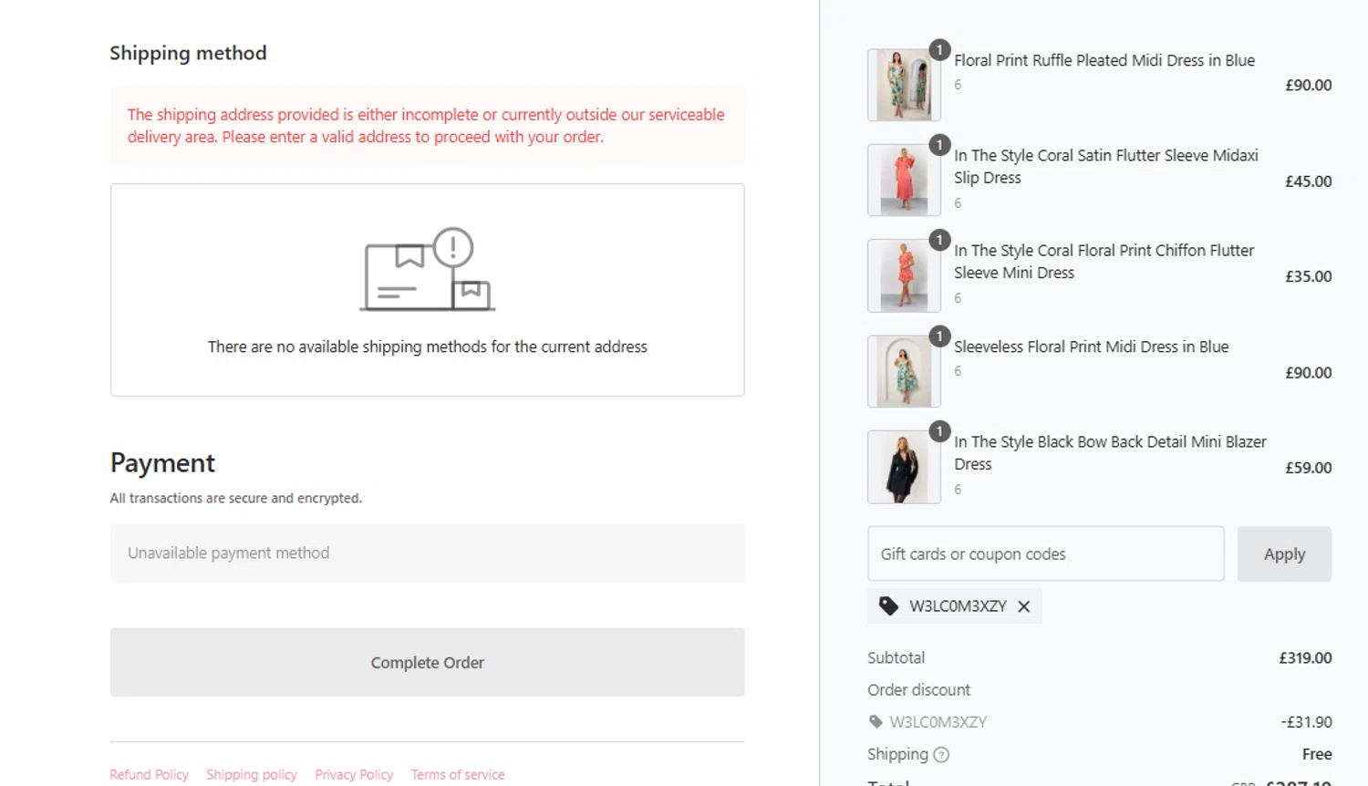 Chi Chi London promo code screenshot showing code W3LC0M3XZY applied at Chi Chi London checkout page. Uploaded by SimplyCodes community member yolimararteaga1 on May 15, 2025
