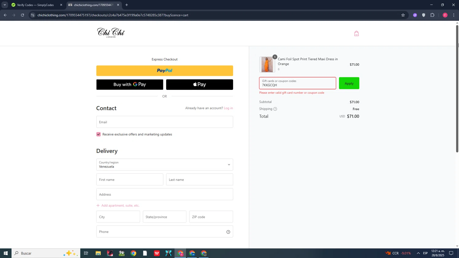 Chi Chi London promo code screenshot showing code 7KKGCQH applied at Chi Chi London checkout page. Uploaded by SimplyCodes community member CleverMonarch1744 on Aug 28, 2025