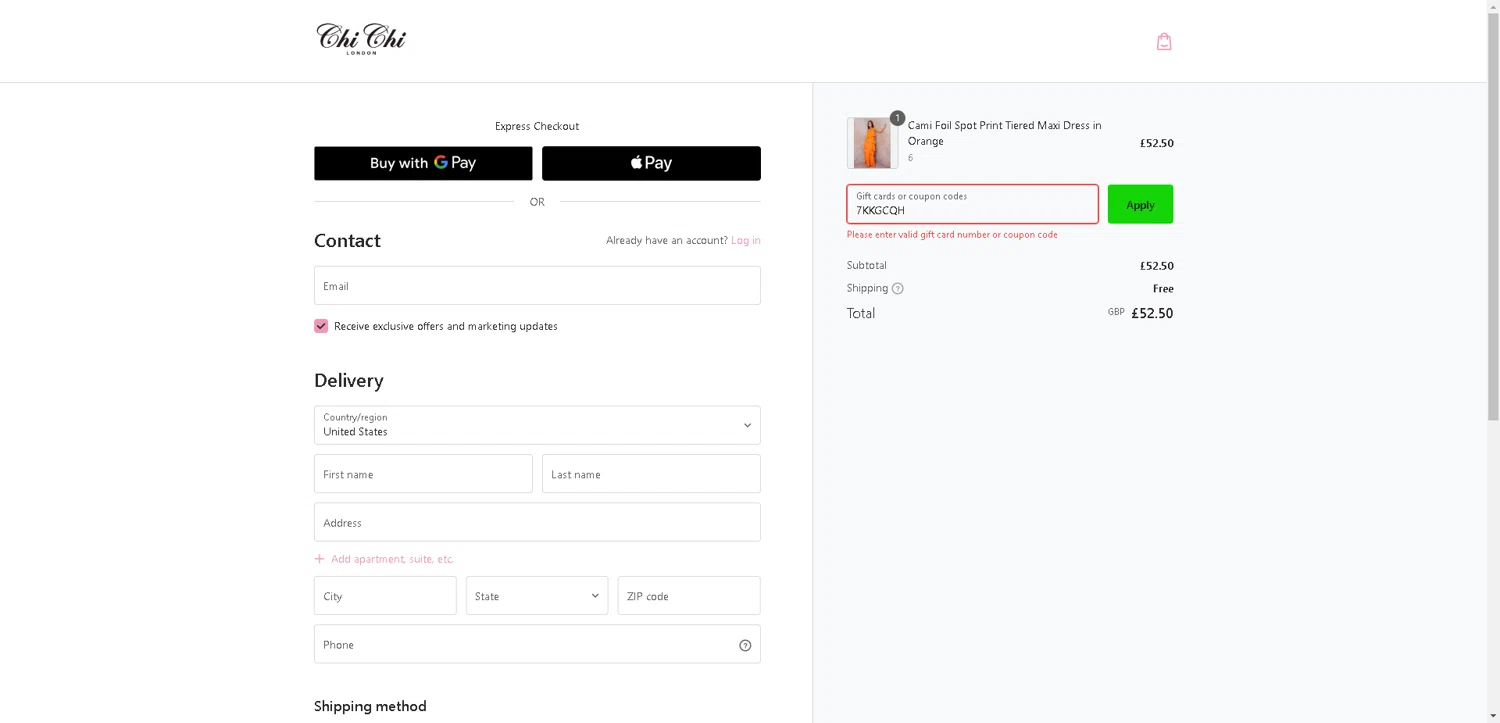 Chi Chi London promo code screenshot showing code 7KKGCQH applied at Chi Chi London checkout page. Uploaded by SimplyCodes community member DealHunter6996 on Aug 28, 2025
