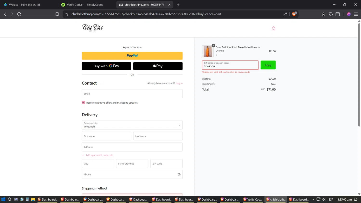 Chi Chi London promo code screenshot showing code 7KKGCQH applied at Chi Chi London checkout page. Uploaded by SimplyCodes community member Sesshomaru on Aug 28, 2025