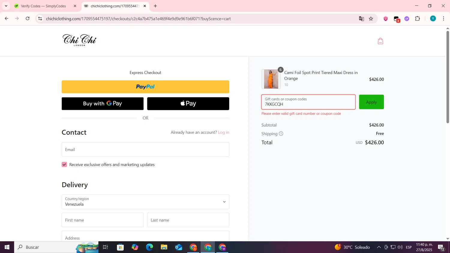 Chi Chi London promo code screenshot showing code 7KKGCQH applied at Chi Chi London checkout page. Uploaded by SimplyCodes community member codygakpo on Aug 28, 2025