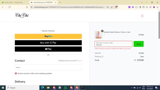 Chi Chi London checkout page showing Chi Chi London promo code box | Screenshot taken by SimplyCodes community member on Jun 21, 2025