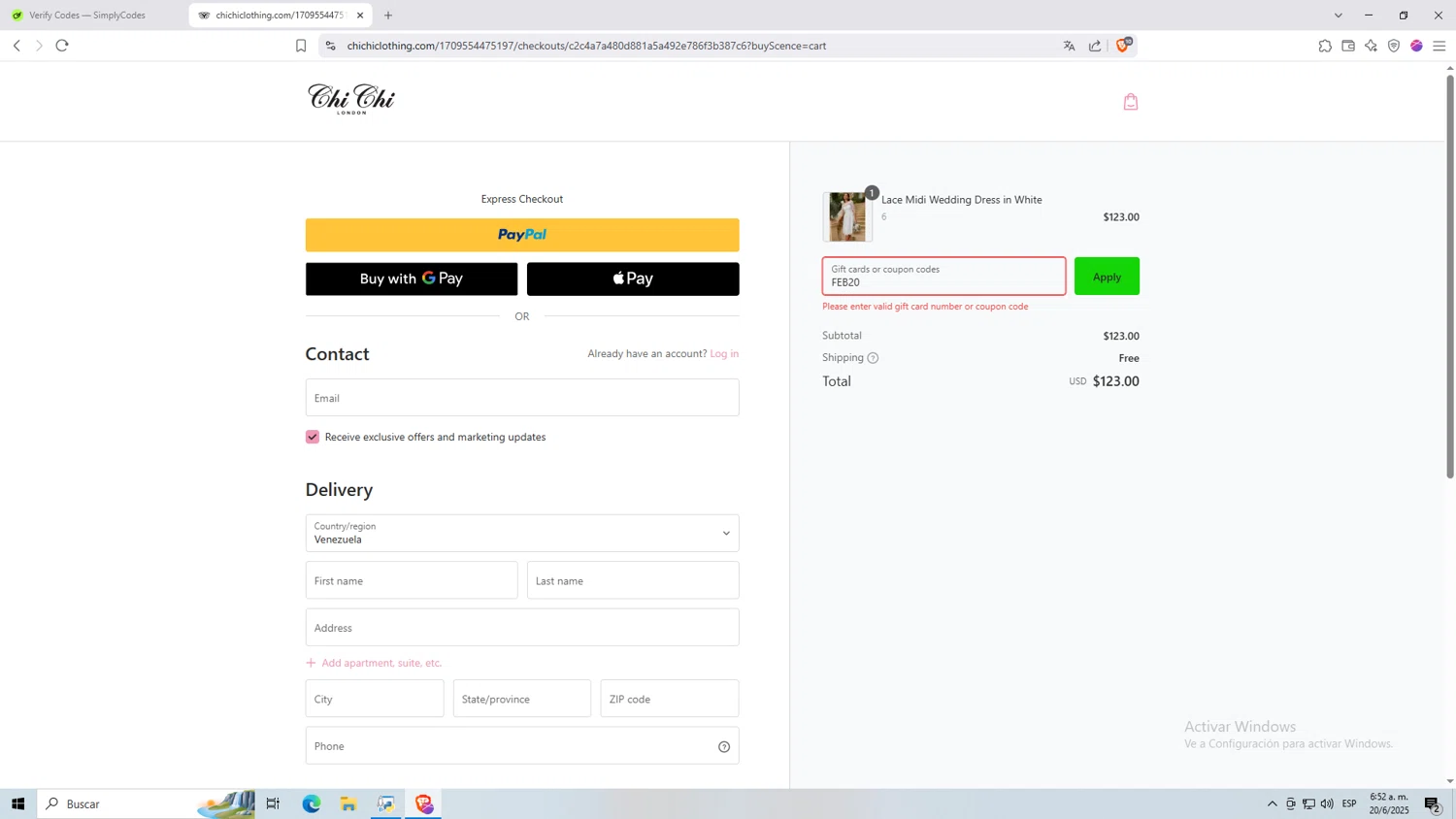 Chi Chi London promo code screenshot showing code FEB20 applied at Chi Chi London checkout page. Uploaded by SimplyCodes community member NARUTO_UZUMAKIsx on Jun 20, 2025