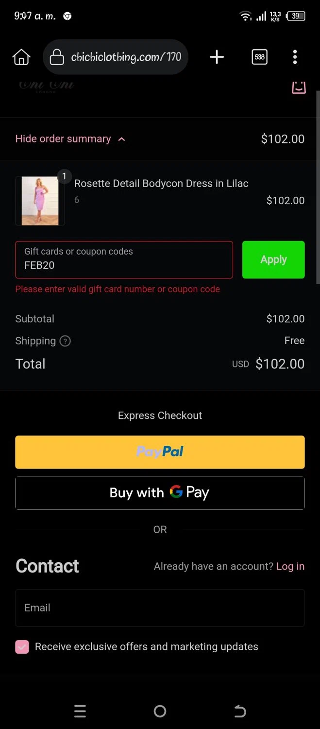 Chi Chi London promo code screenshot showing code FEB20 applied at Chi Chi London checkout page. Uploaded by SimplyCodes community member Pipina11 on Jun 20, 2025