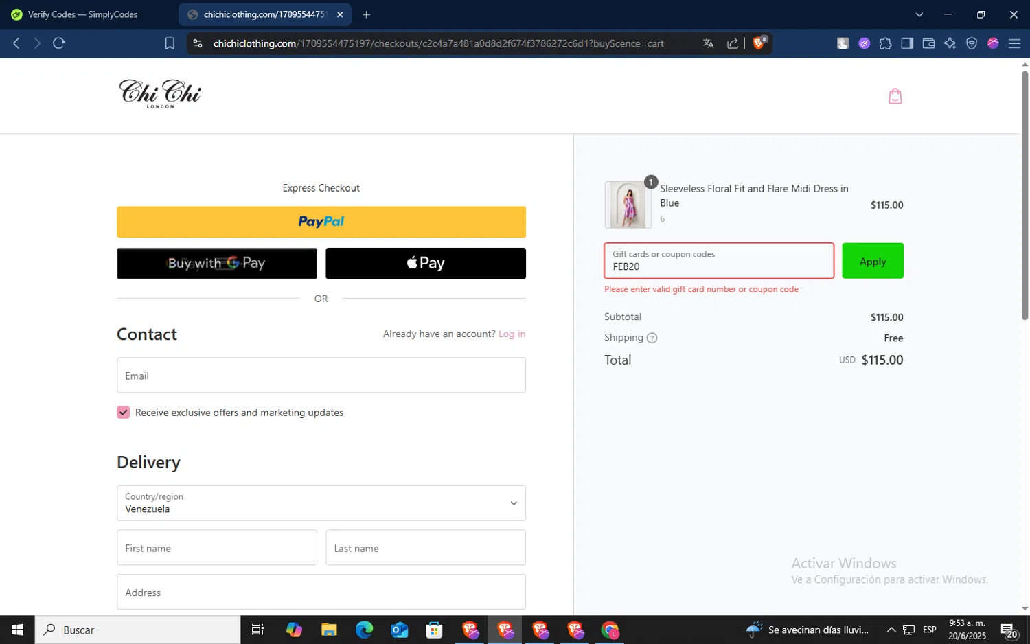 Chi Chi London promo code screenshot showing code FEB20 applied at Chi Chi London checkout page. Uploaded by SimplyCodes community member TokenSaver1205 on Jun 20, 2025