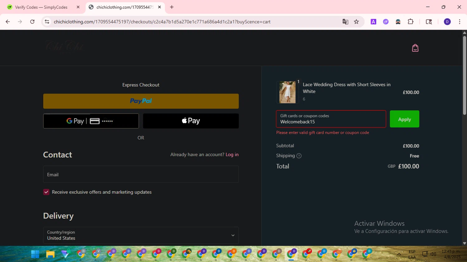 Chi Chi London promo code screenshot showing code Welcomeback15 applied at Chi Chi London checkout page. Uploaded by SimplyCodes community member WonderLion2890 on Aug 4, 2025
