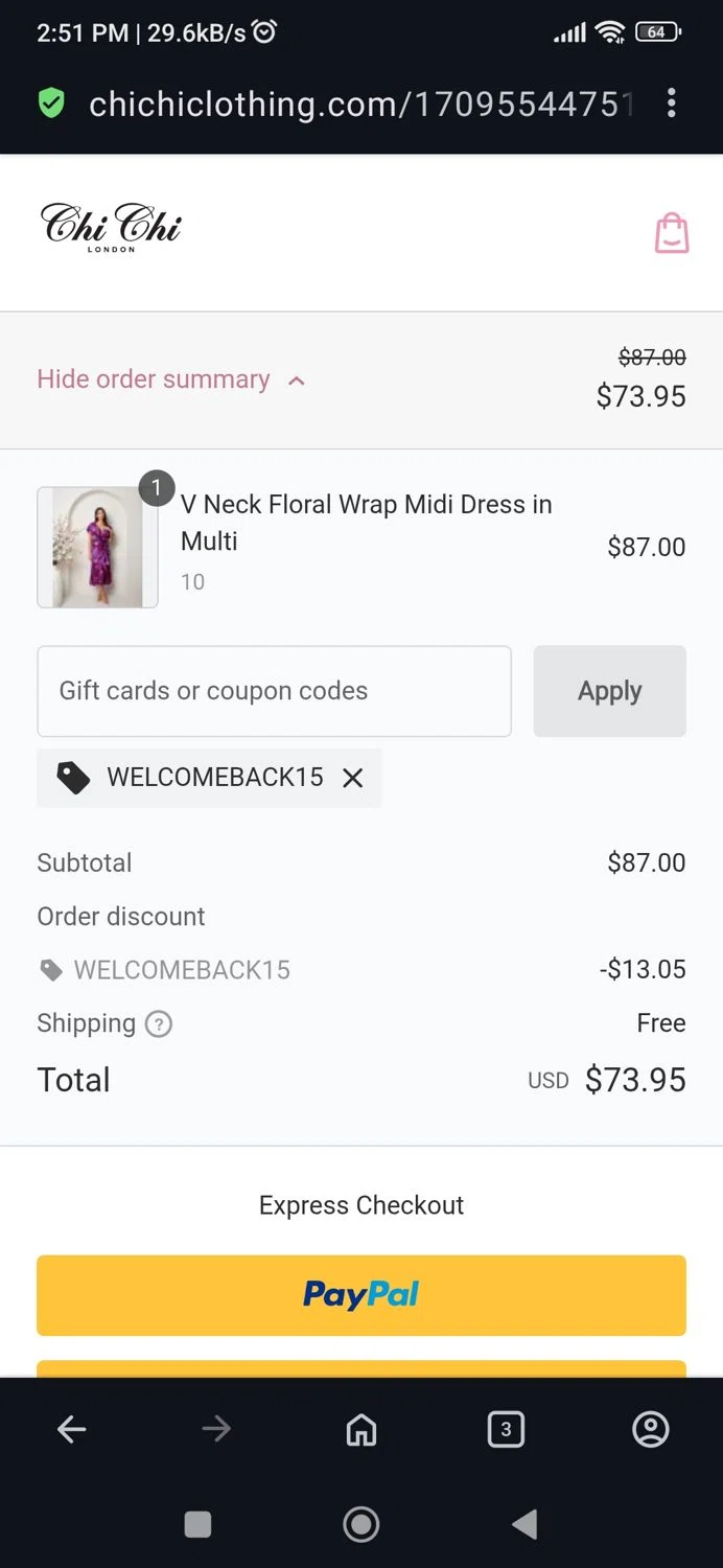 Chi Chi London promo code screenshot showing code Welcomeback15 applied at Chi Chi London checkout page. Uploaded by SimplyCodes community member BB9542251456527 on May 9, 2025