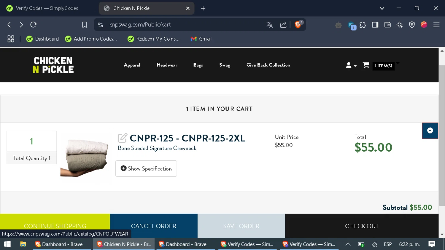 Chicken N Pickle discount code screenshot showing code SAVE20 applied at Chicken N Pickle checkout page. Uploaded by SimplyCodes community member WonderFox6469 on Mar 11, 2025