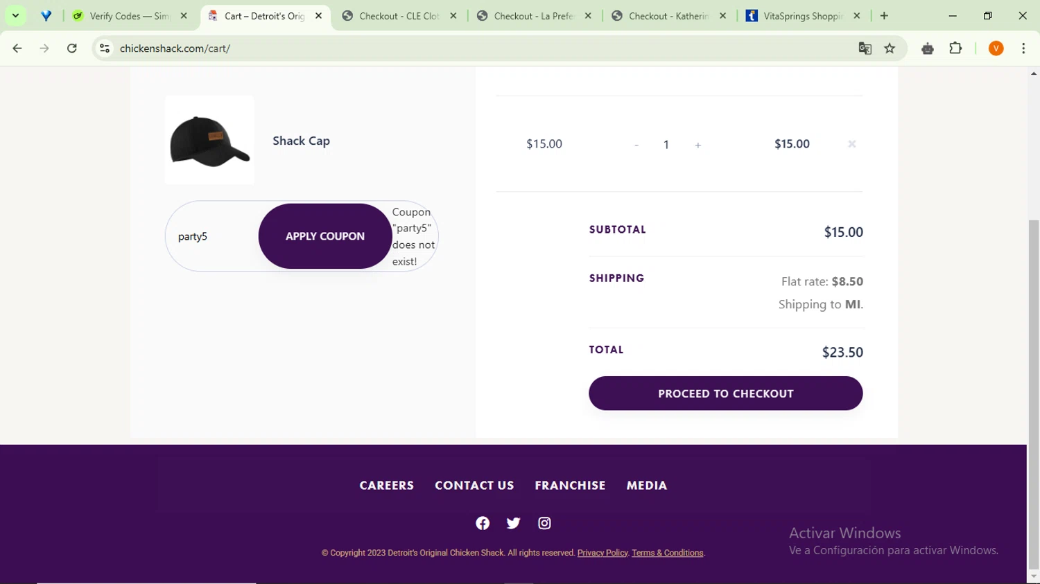 Chicken Shack promo code screenshot showing code party5 applied at Chicken Shack checkout page. Uploaded by SimplyCodes community member SavingsFinder9954 on Jan 16, 2025