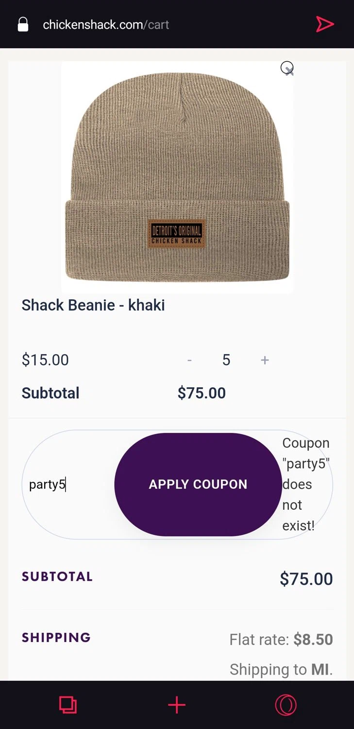 Chicken Shack promo code screenshot showing code party5 applied at Chicken Shack checkout page. Uploaded by SimplyCodes community member ExtraordinaryHunter3076 on Jan 16, 2025