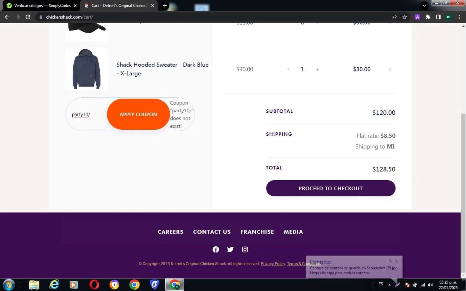 Chicken Shack promo code screenshot showing code party10 applied at Chicken Shack checkout page. Uploaded by SimplyCodes community member miguel01 on Jan 22, 2025