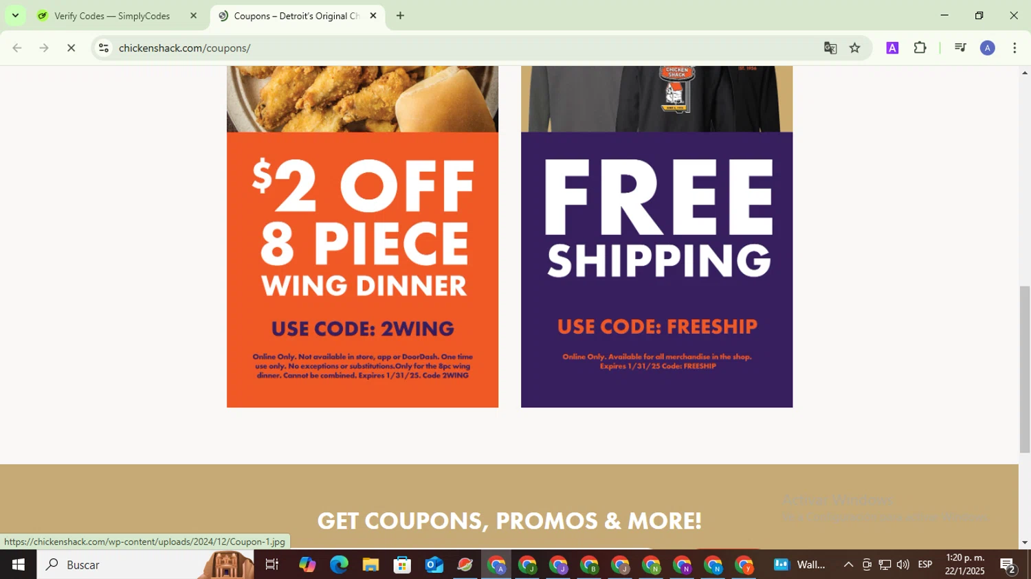 Chicken Shack promo code screenshot showing code party10 applied at Chicken Shack checkout page. Uploaded by SimplyCodes community member TreasureCaptain5531 on Jan 22, 2025