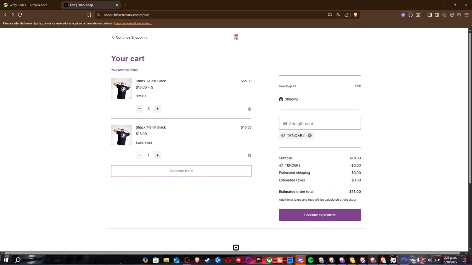 Chicken Shack promo code screenshot showing code tender2 applied at Chicken Shack checkout page. Uploaded by SimplyCodes community member DealEagle493 on Oct 1, 2025