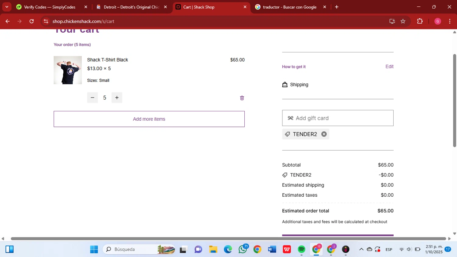 Chicken Shack promo code screenshot showing code tender2 applied at Chicken Shack checkout page. Uploaded by SimplyCodes community member GGGilbert on Oct 1, 2025