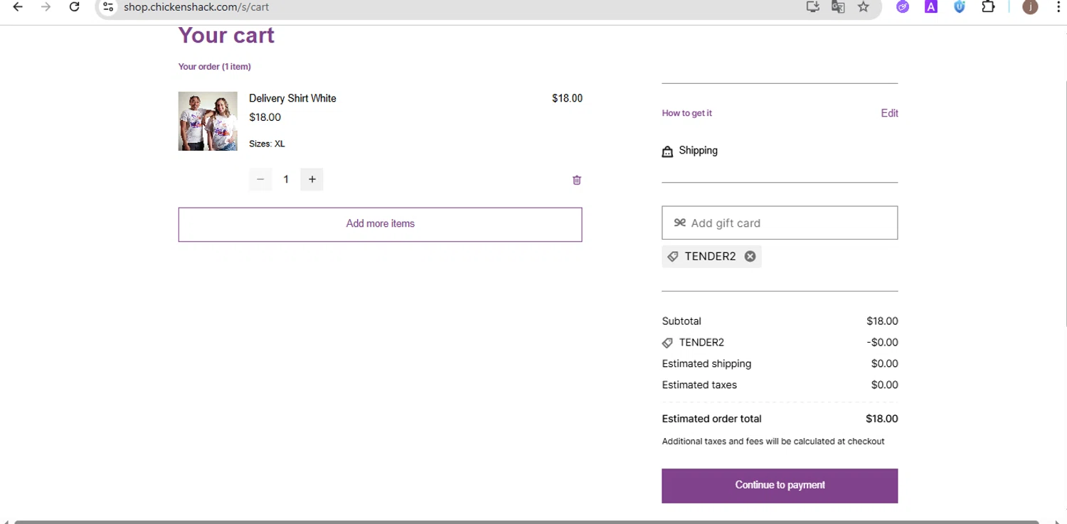 Chicken Shack checkout page showing Chicken Shack promo code box | Screenshot taken by SimplyCodes community member on Aug 4, 2025