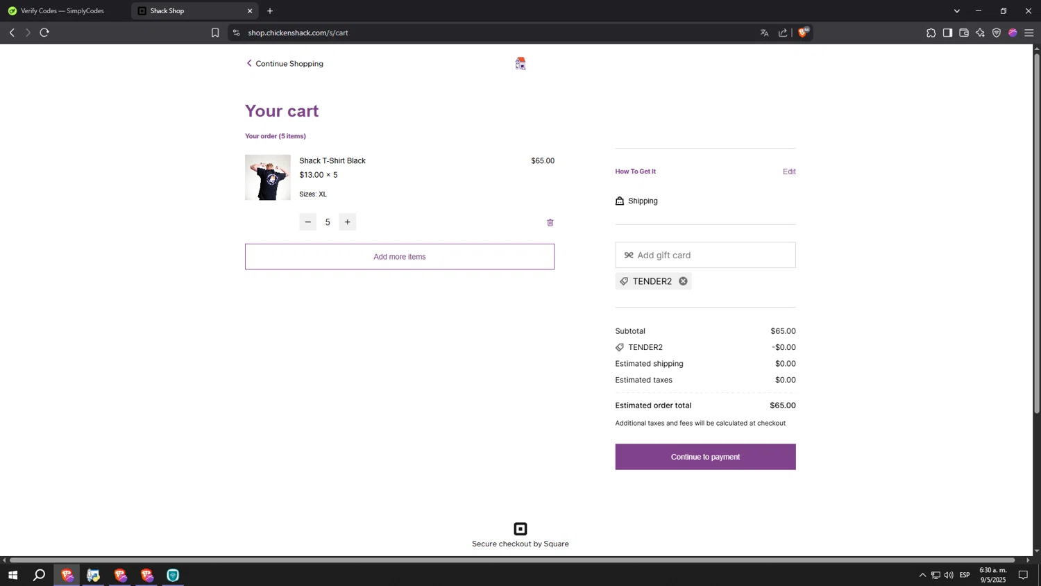 Chicken Shack checkout page showing Chicken Shack promo code box | Screenshot taken by SimplyCodes community member on May 9, 2025