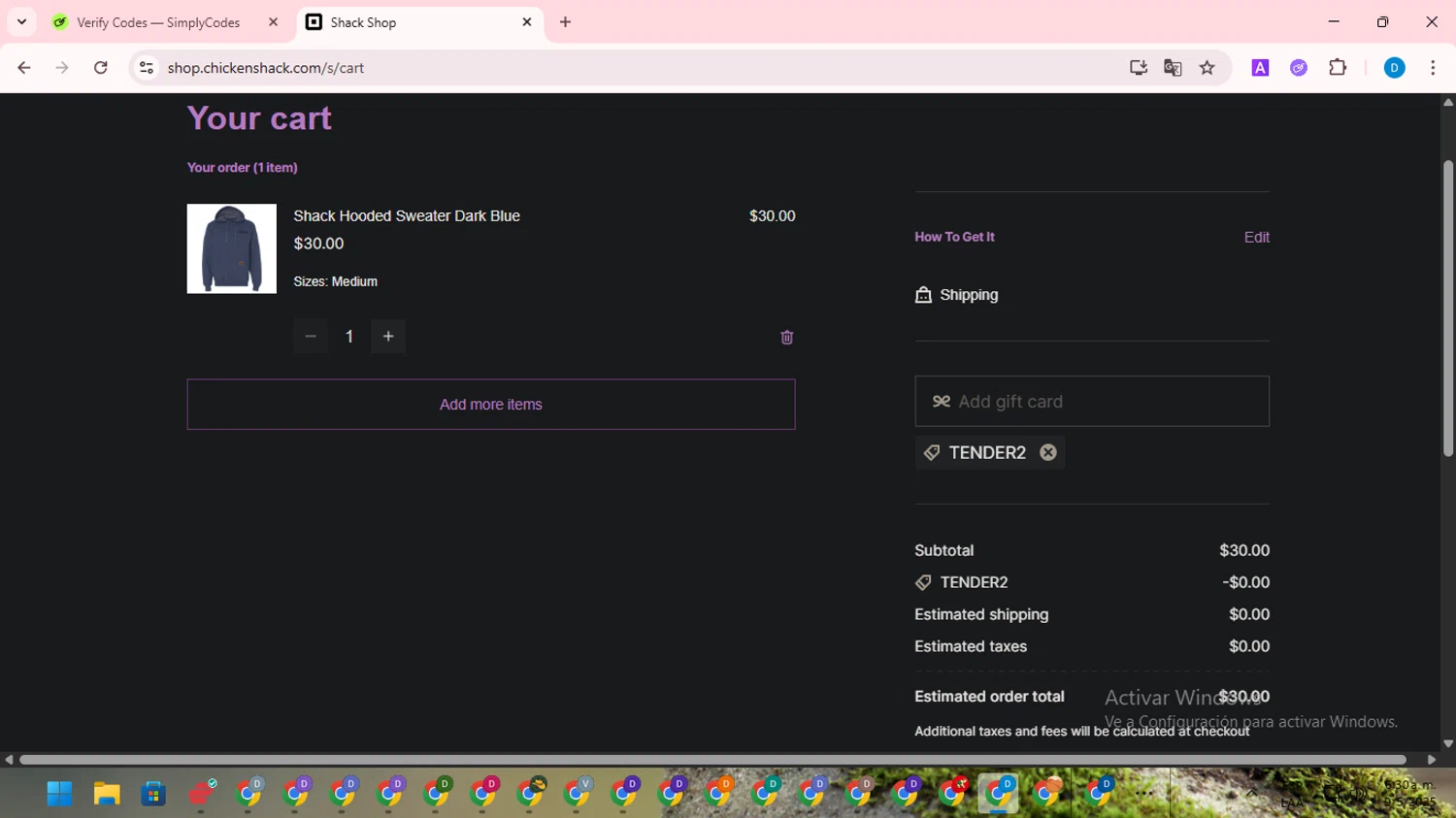 Chicken Shack checkout page showing Chicken Shack promo code box | Screenshot taken by SimplyCodes community member on May 9, 2025
