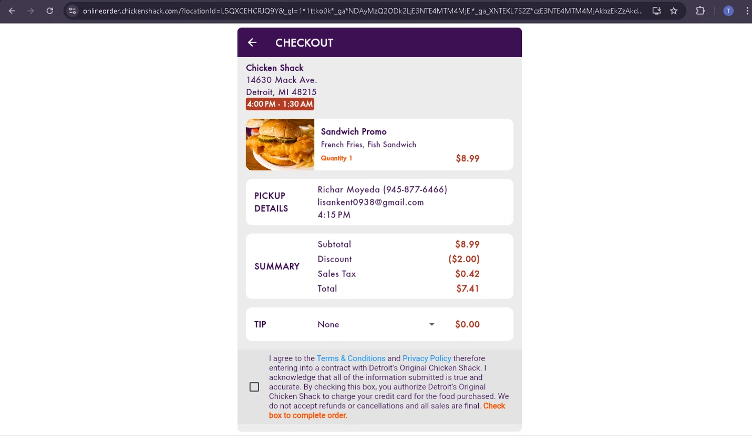 Chicken Shack checkout page showing Chicken Shack promo code box | Screenshot taken by SimplyCodes community member on Jul 6, 2025