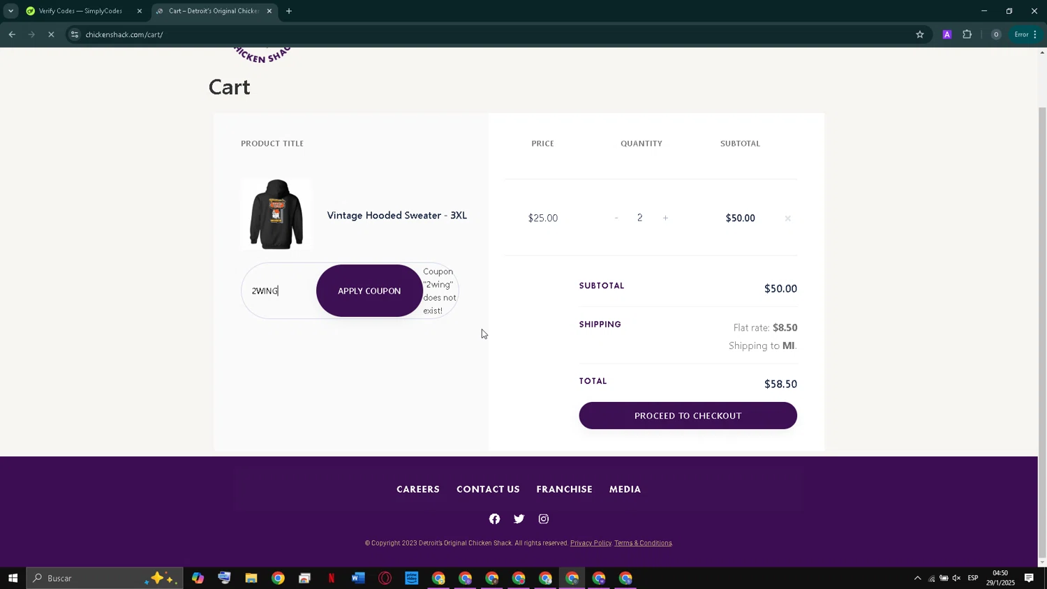 Chicken Shack promo code screenshot showing code 2WING applied at Chicken Shack checkout page. Uploaded by SimplyCodes community member GoldMaestro7871 on Jan 29, 2025