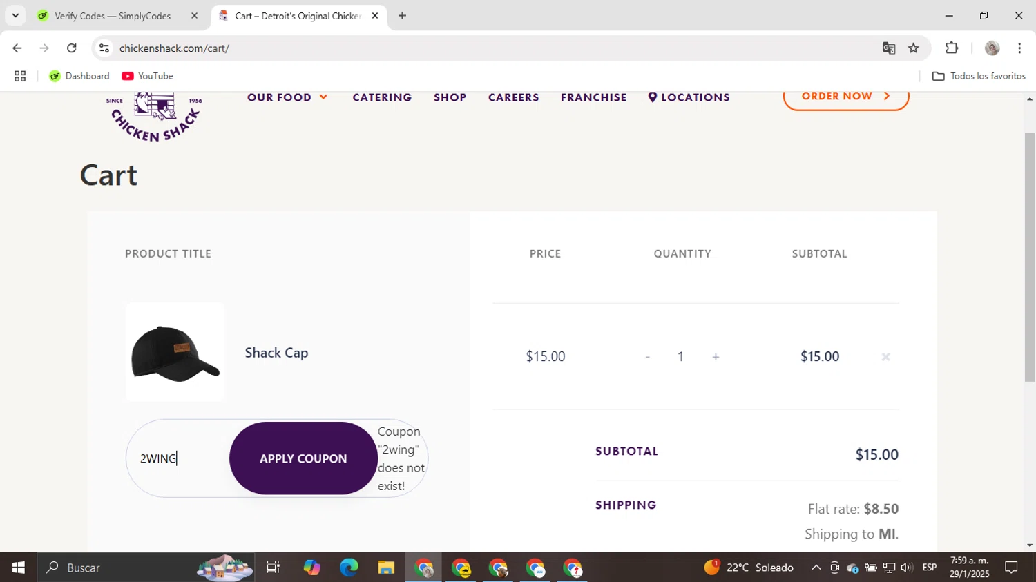 Chicken Shack promo code screenshot showing code 2WING applied at Chicken Shack checkout page. Uploaded by SimplyCodes community member powerSu on Jan 29, 2025