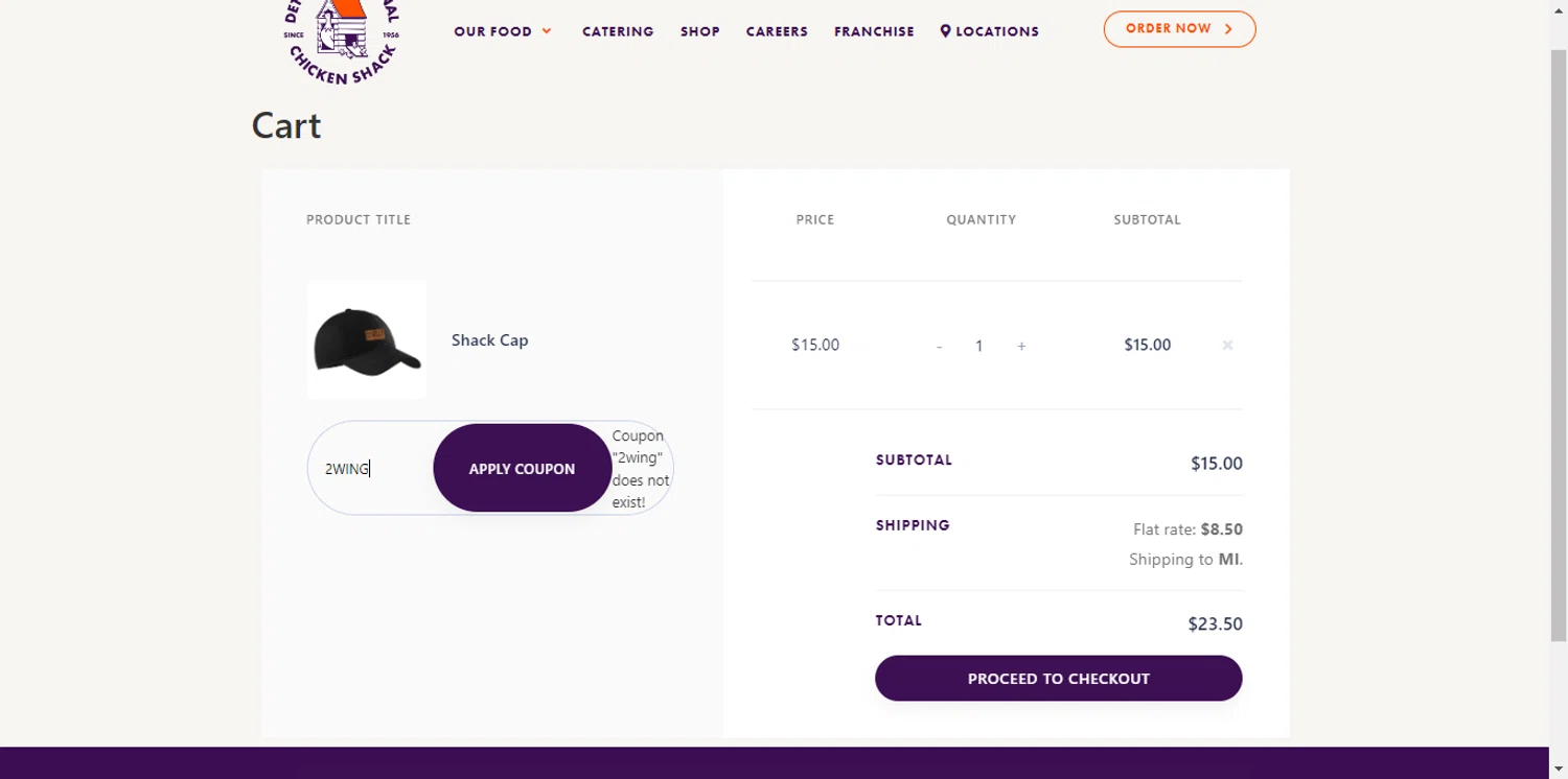 Chicken Shack promo code screenshot showing code 2WING applied at Chicken Shack checkout page. Uploaded by SimplyCodes community member renegul on Jan 29, 2025