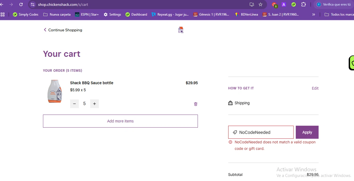Chicken Shack promo code screenshot showing code NoCodeNeeded applied at Chicken Shack checkout page. Uploaded by SimplyCodes community member ShrewdWizard3248 on Apr 23, 2025