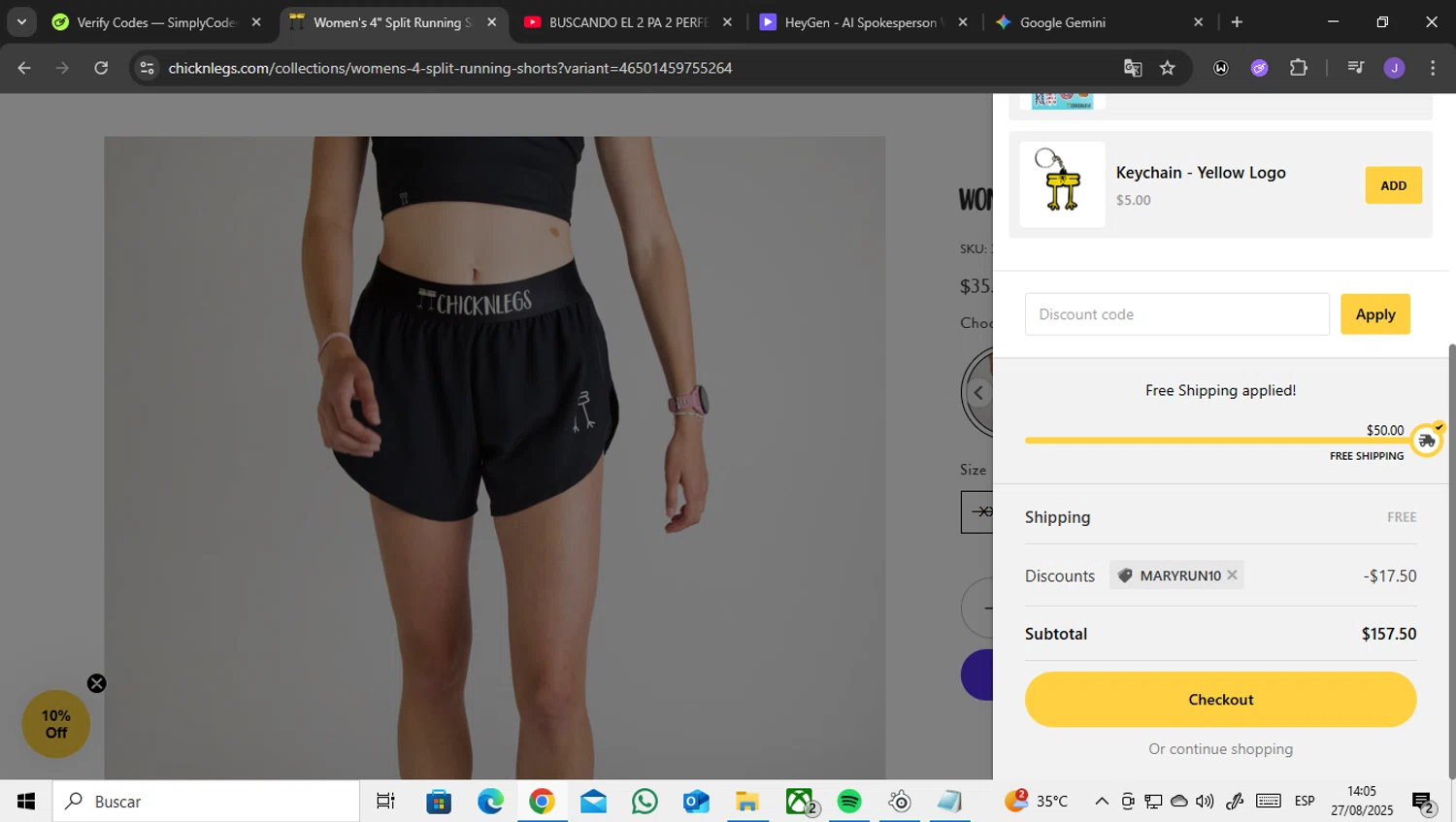 ChicknLegs discount code screenshot showing code MARYRUN10 applied at ChicknLegs checkout page. Uploaded by SimplyCodes community member ENCARAMESSI on Aug 27, 2025