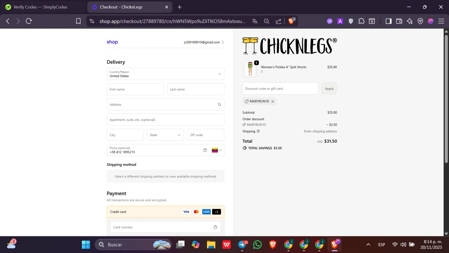 ChicknLegs discount code screenshot showing code MARYRUN10 applied at ChicknLegs checkout page. Uploaded by SimplyCodes community member Toji_fushiguro on Nov 21, 2025