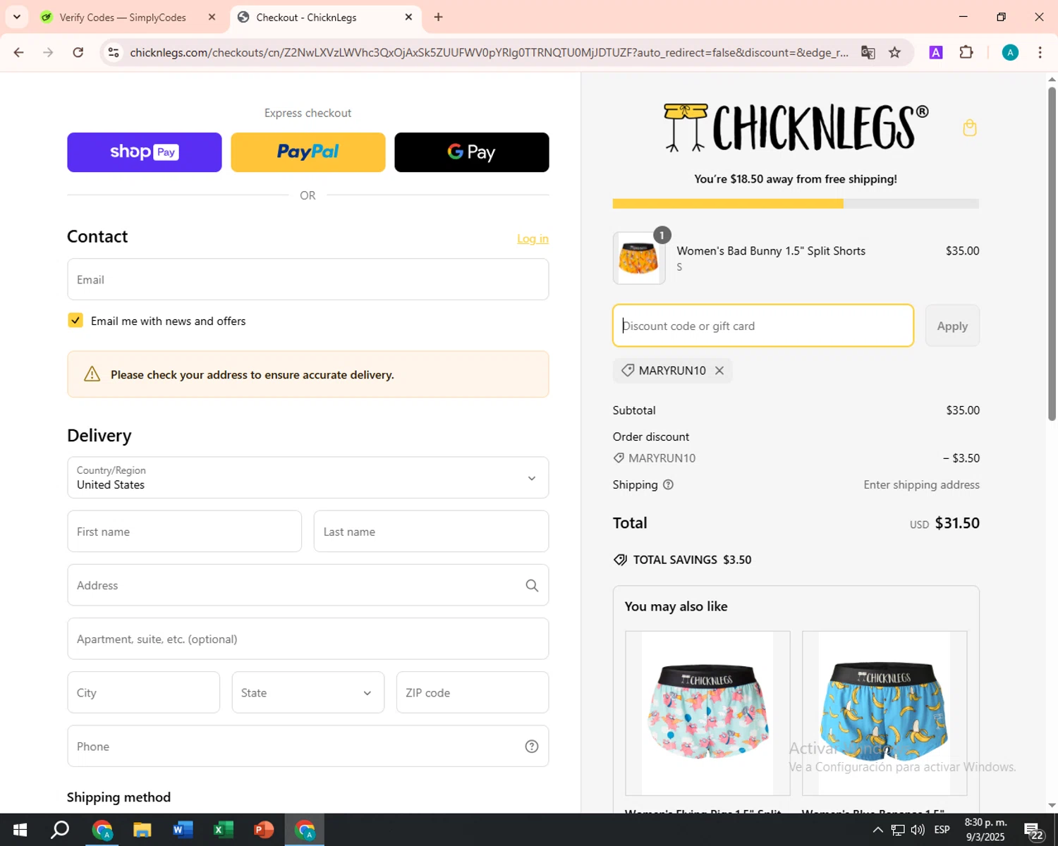ChicknLegs discount code screenshot showing code MARYRUN10 applied at ChicknLegs checkout page. Uploaded by SimplyCodes community member FortunateSentinel9389 on Mar 10, 2025