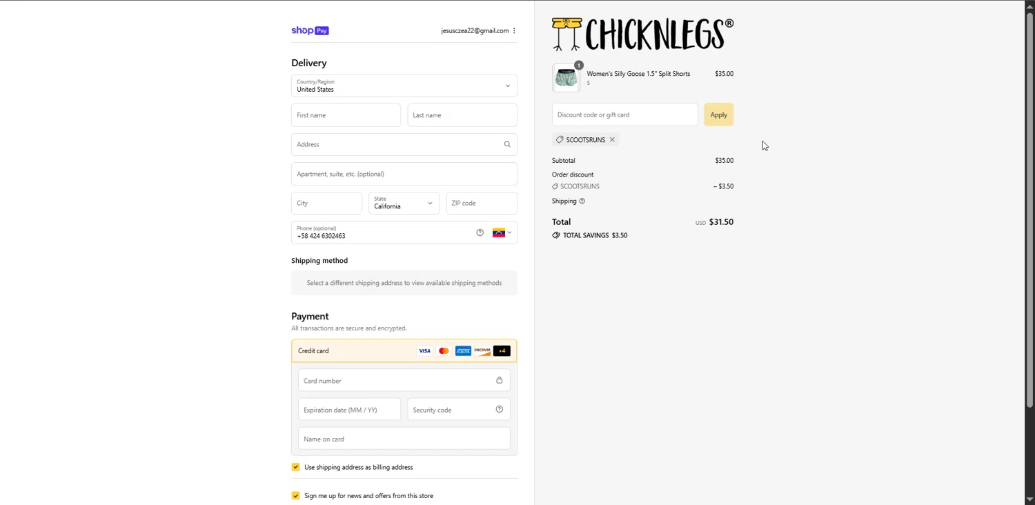 ChicknLegs discount code screenshot showing code ScootsRuns applied at ChicknLegs checkout page. Uploaded by SimplyCodes community member DonutPunks on Jul 28, 2025