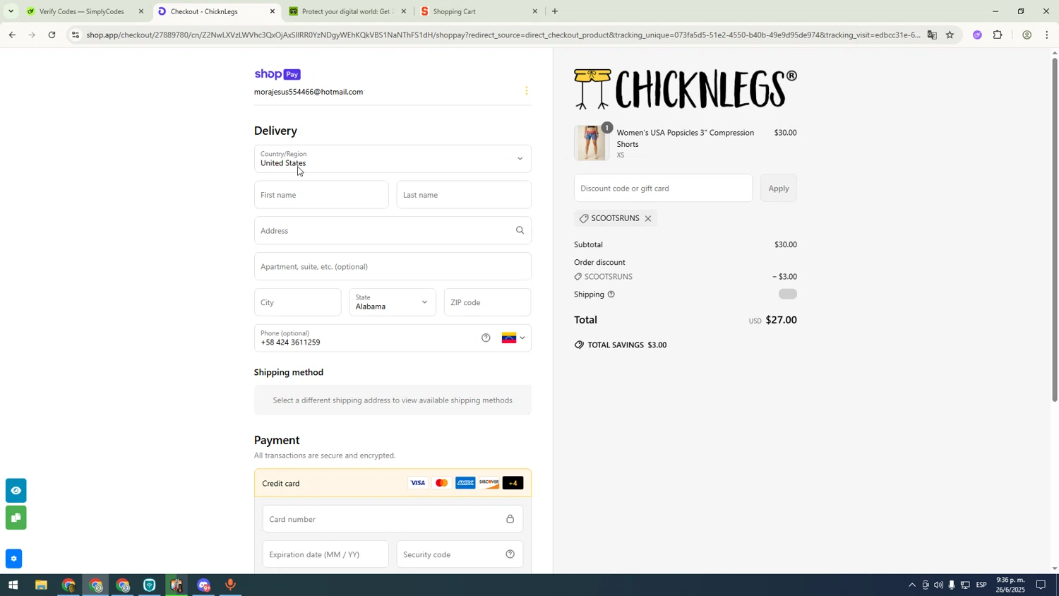 ChicknLegs discount code screenshot showing code ScootsRuns applied at ChicknLegs checkout page. Uploaded by SimplyCodes community member sfdfgdsfgdfgdfg on Jun 27, 2025