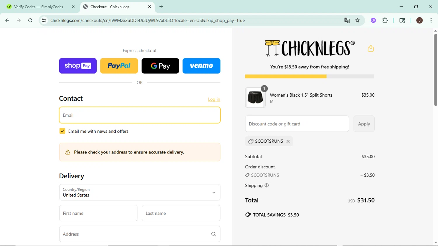 ChicknLegs discount code screenshot showing code ScootsRuns applied at ChicknLegs checkout page. Uploaded by SimplyCodes community member LegendaryAce8627 on Jun 27, 2025