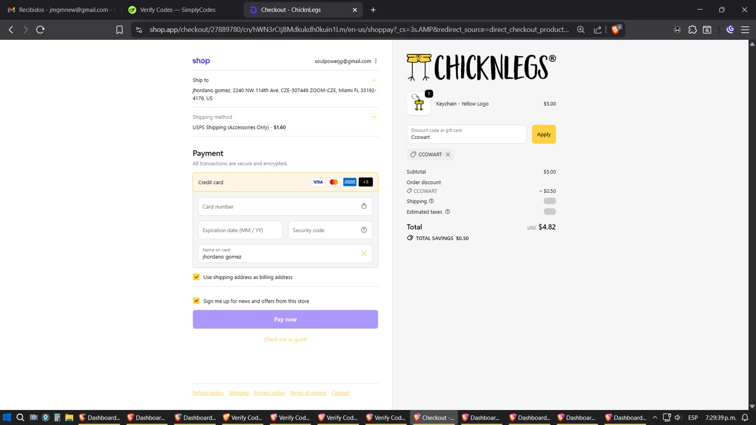 ChicknLegs discount code screenshot showing code Ccowart applied at ChicknLegs checkout page. Uploaded by SimplyCodes community member Amidamaru on Oct 7, 2025