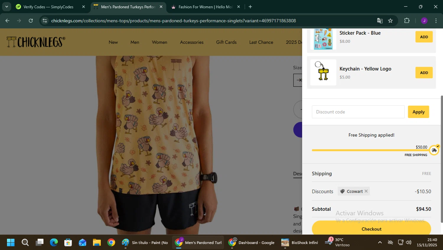 ChicknLegs discount code screenshot showing code Ccowart applied at ChicknLegs checkout page. Uploaded by SimplyCodes community member YutakaH0shin0 on Nov 15, 2025