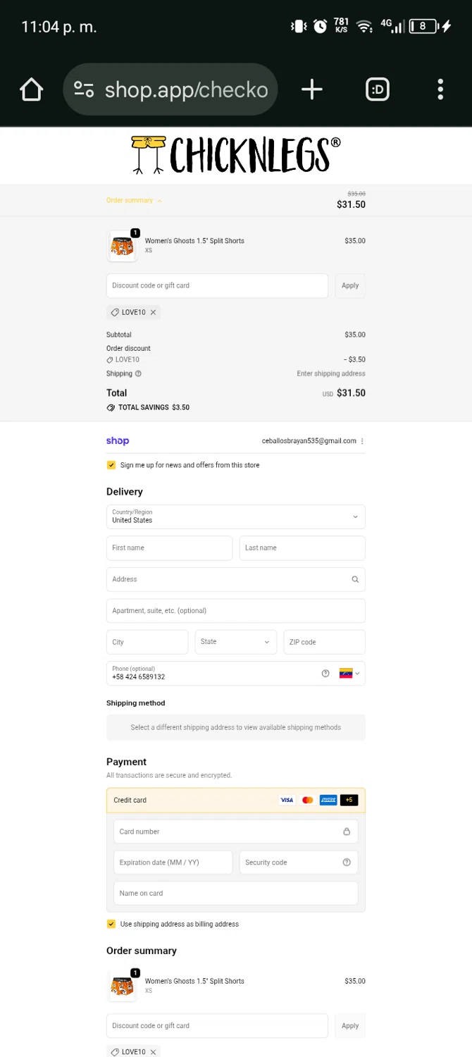 ChicknLegs discount code screenshot showing code LOVE10 applied at ChicknLegs checkout page. Uploaded by SimplyCodes community member Bernado on Oct 4, 2025