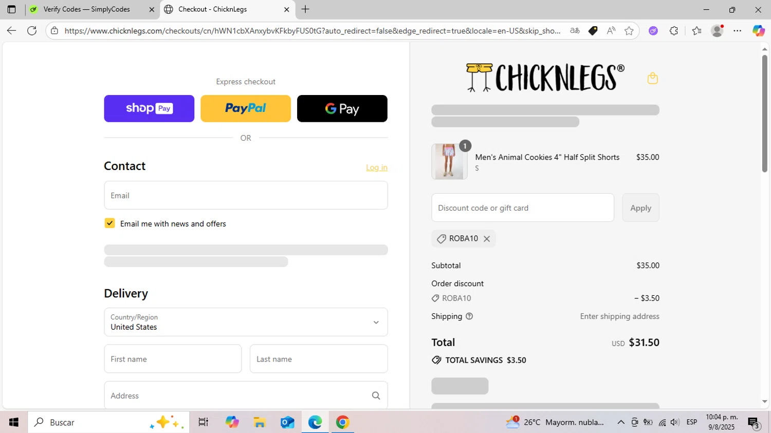 ChicknLegs discount code screenshot showing code ROBA10 applied at ChicknLegs checkout page. Uploaded by SimplyCodes community member DiscountCurator2907 on Aug 10, 2025