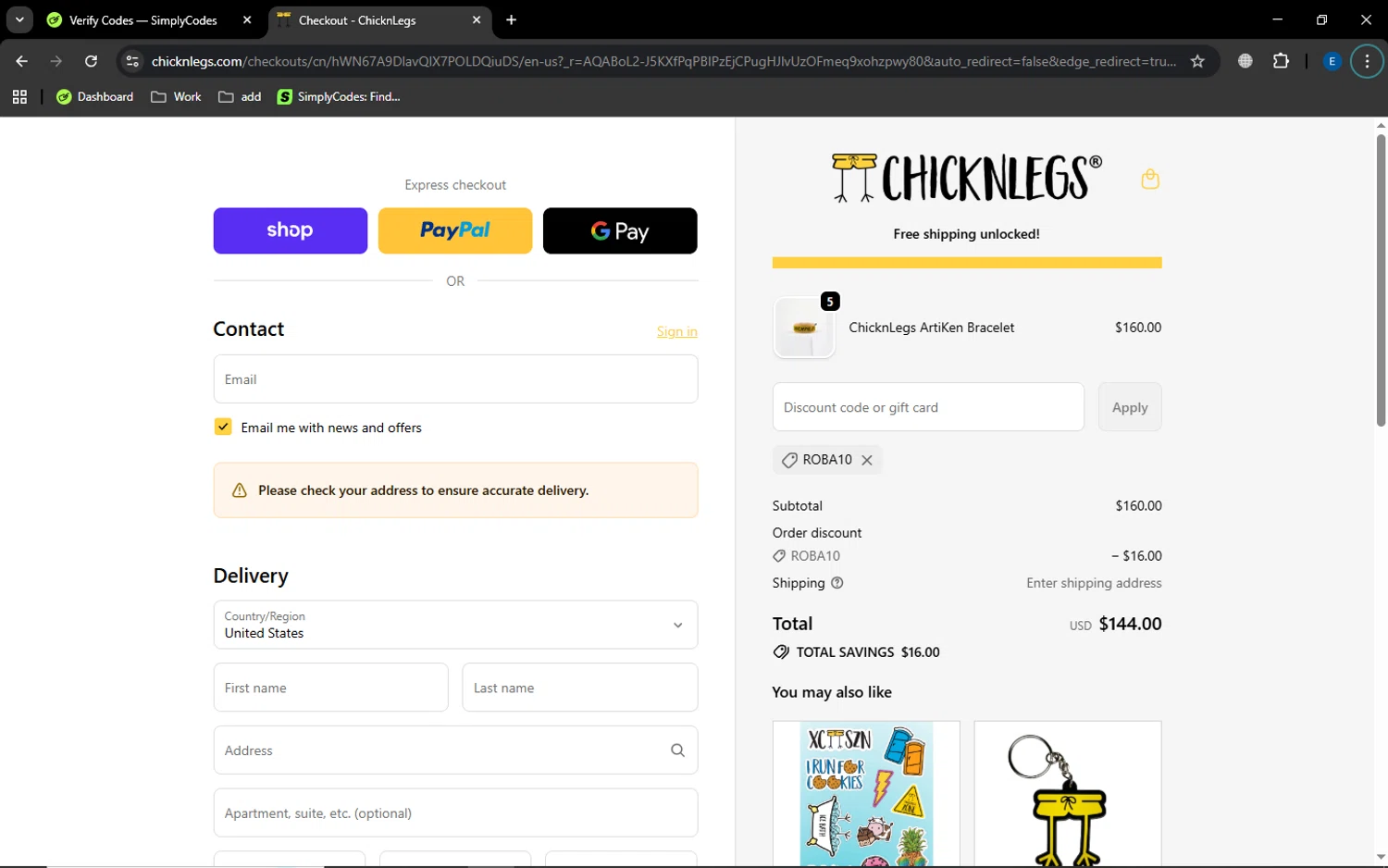 ChicknLegs discount code screenshot showing code ROBA10 applied at ChicknLegs checkout page. Uploaded by SimplyCodes community member GoldSaver5472 on Dec 6, 2025