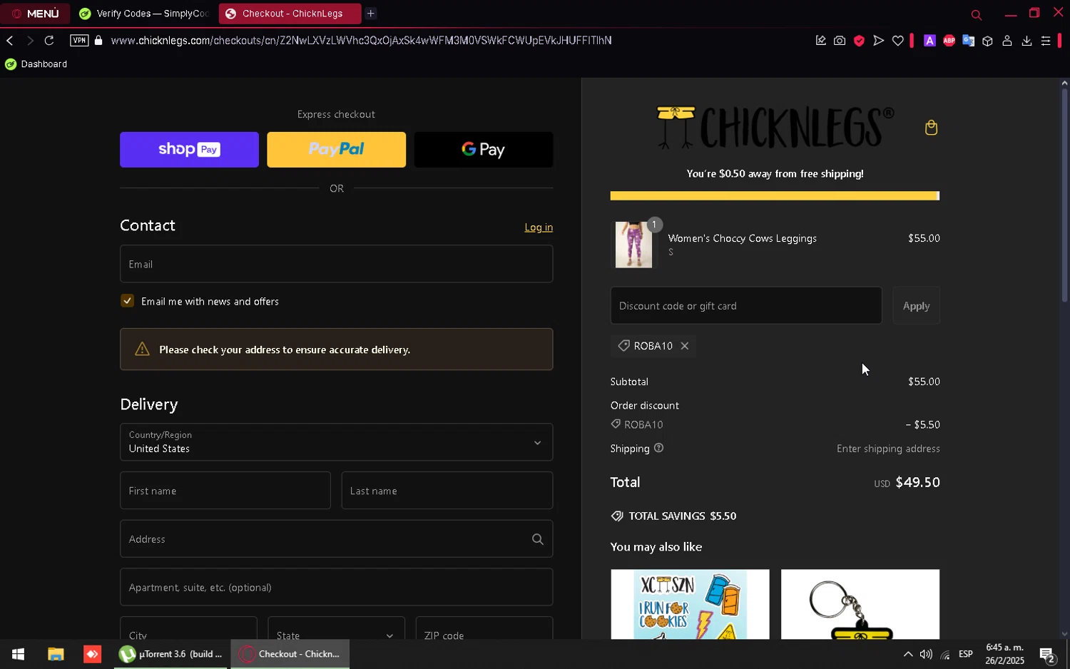 ChicknLegs discount code screenshot showing code ROBA10 applied at ChicknLegs checkout page. Uploaded by SimplyCodes community member QuestFinder5221 on Feb 26, 2025