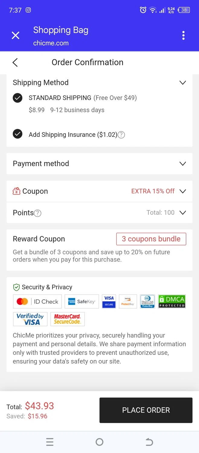 ChicMe coupon code screenshot showing code STAY15 applied at ChicMe checkout page. Uploaded by SimplyCodes community member 502312 on Aug 28, 2025