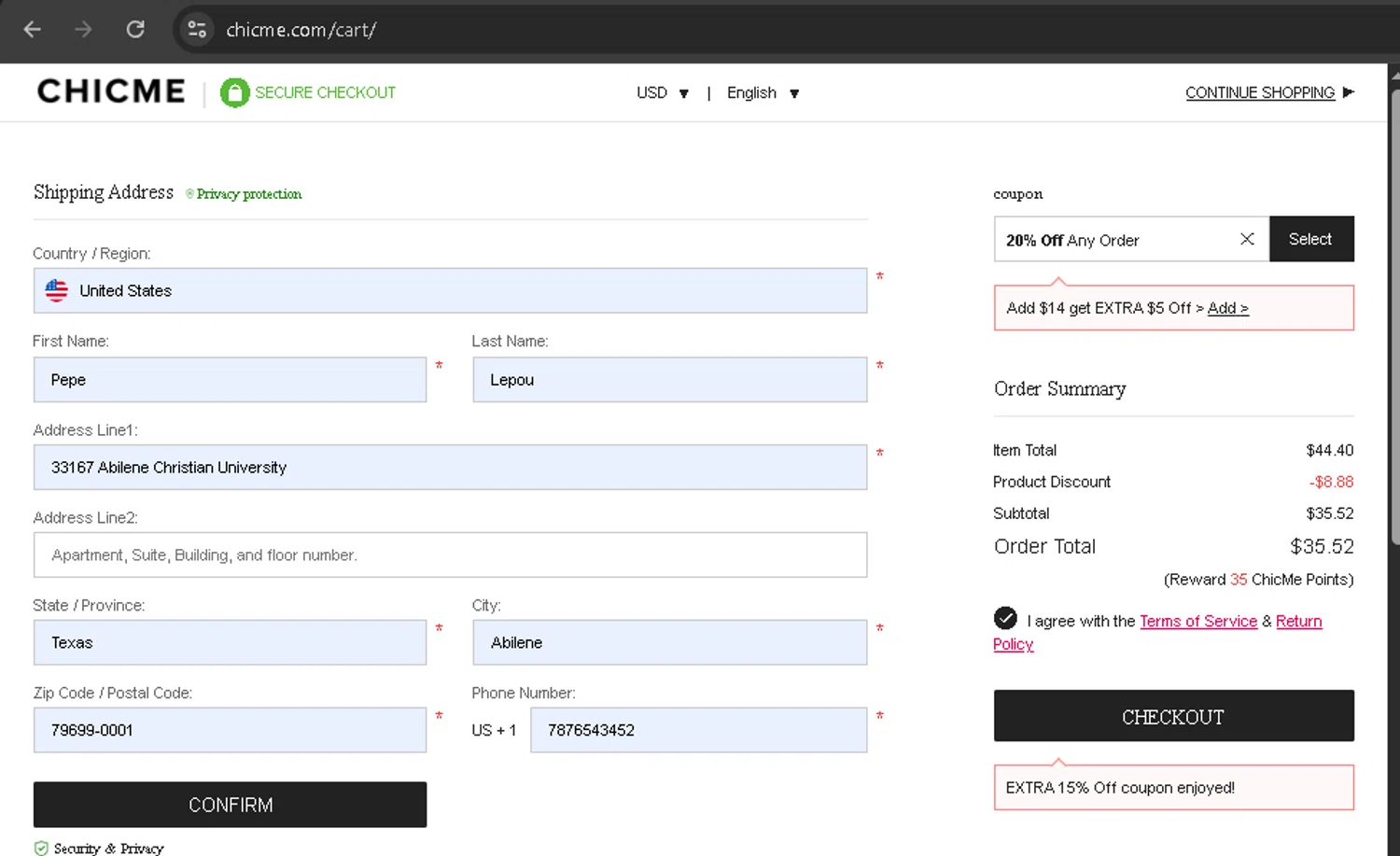 ChicMe coupon code screenshot showing code CMGET20 applied at ChicMe checkout page. Uploaded by SimplyCodes community member BonusPro7395 on Aug 26, 2025